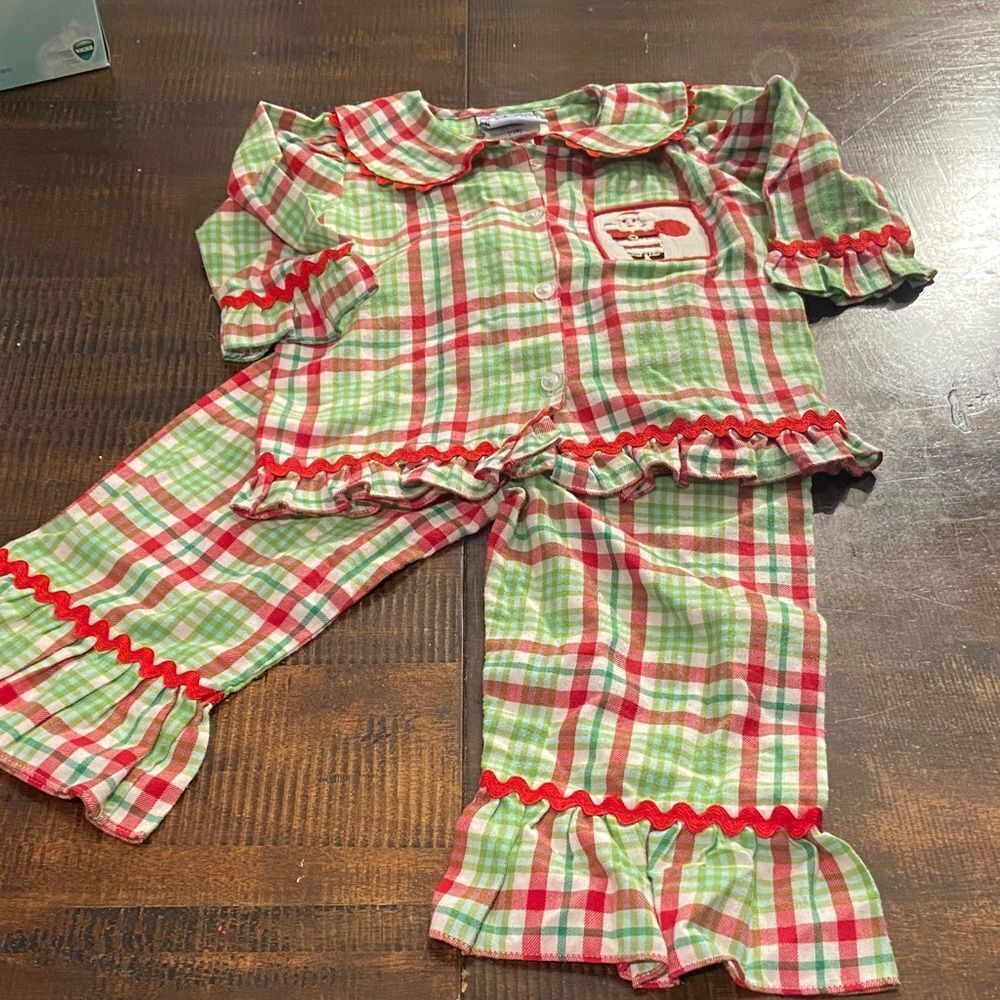Three sisters smocked Plaid Kids Pajamas with Red and Green Accents 12 months